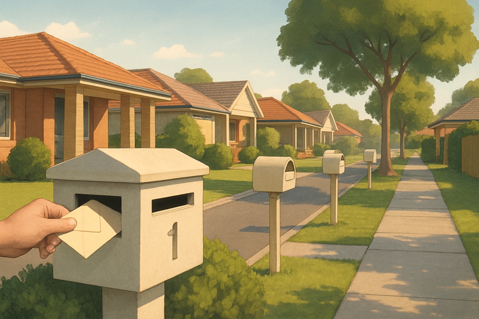 Suburban Australian street with letterboxes and a letter being delivered