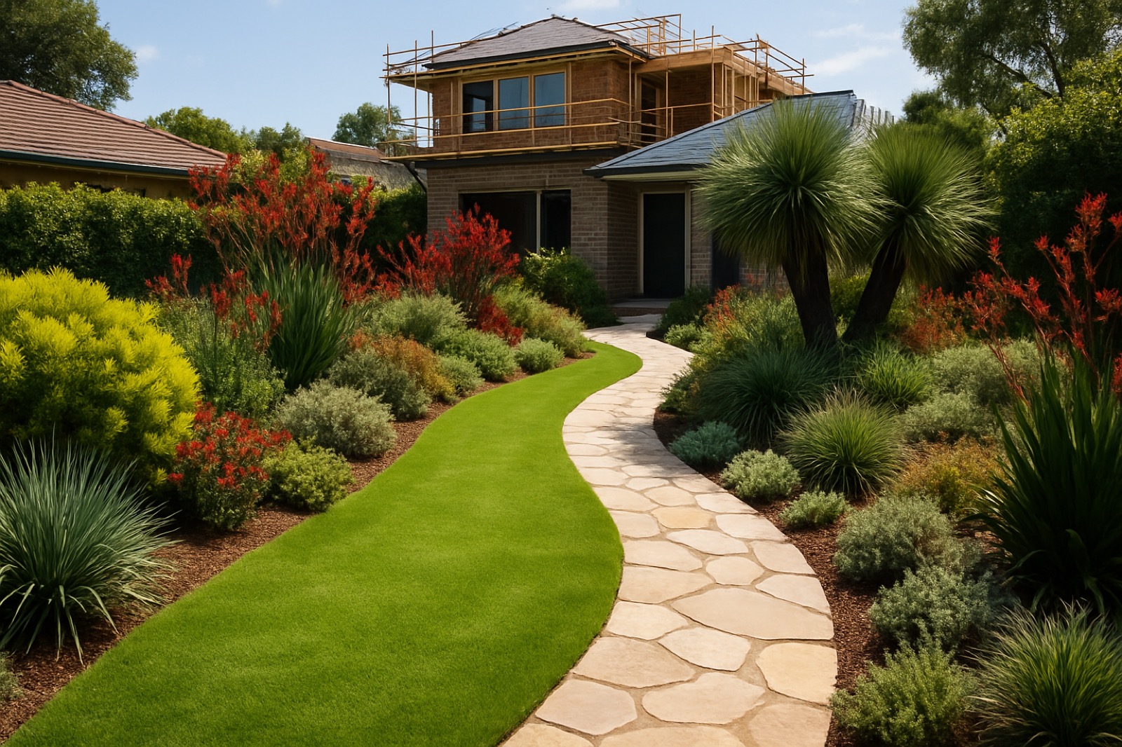 Beautifully landscaped Sydney suburban garden with native plants and stone paving