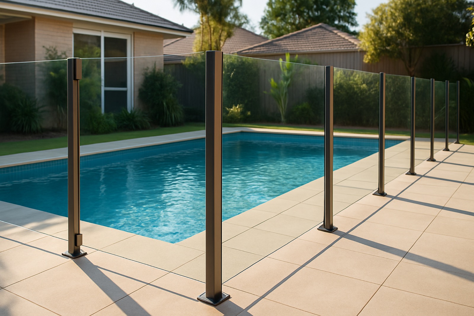 Modern glass and aluminium pool fence beside a backyard swimming pool in Sydney